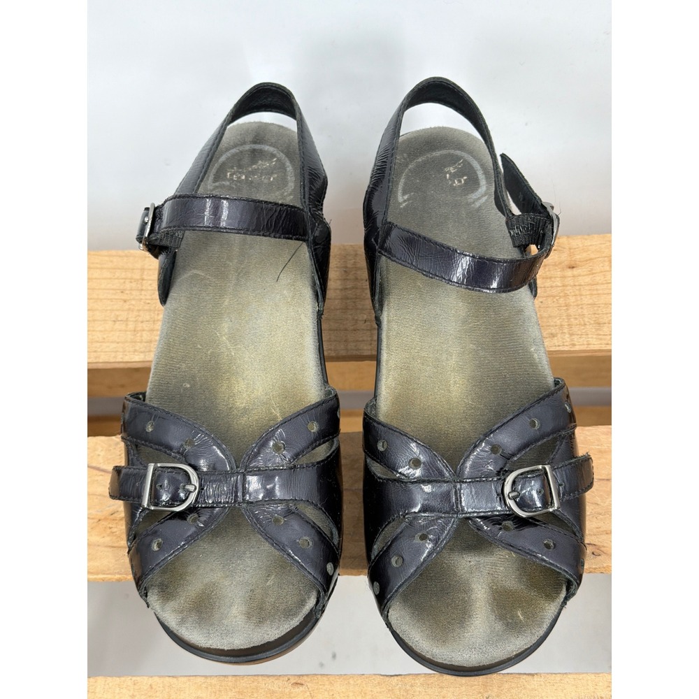 Dansko Black Patent Leather Wedge Sandals 39 Buckle Platform READ